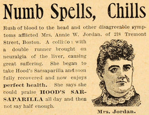 1893 Ad Hood's Sarsaparilla Annie W. Jordan Boston Numb Spells Liver AAG1