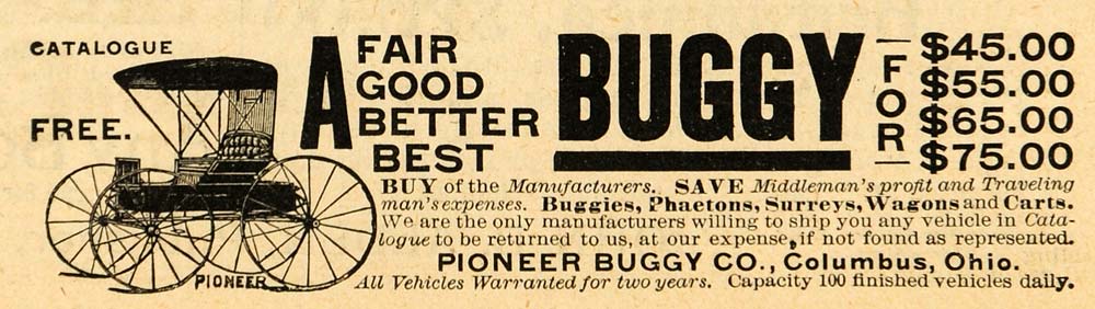 1893 Ad Antique Pioneer Buggy Phaeton Surreys Wagons Carts Columbus Ohio AAG1