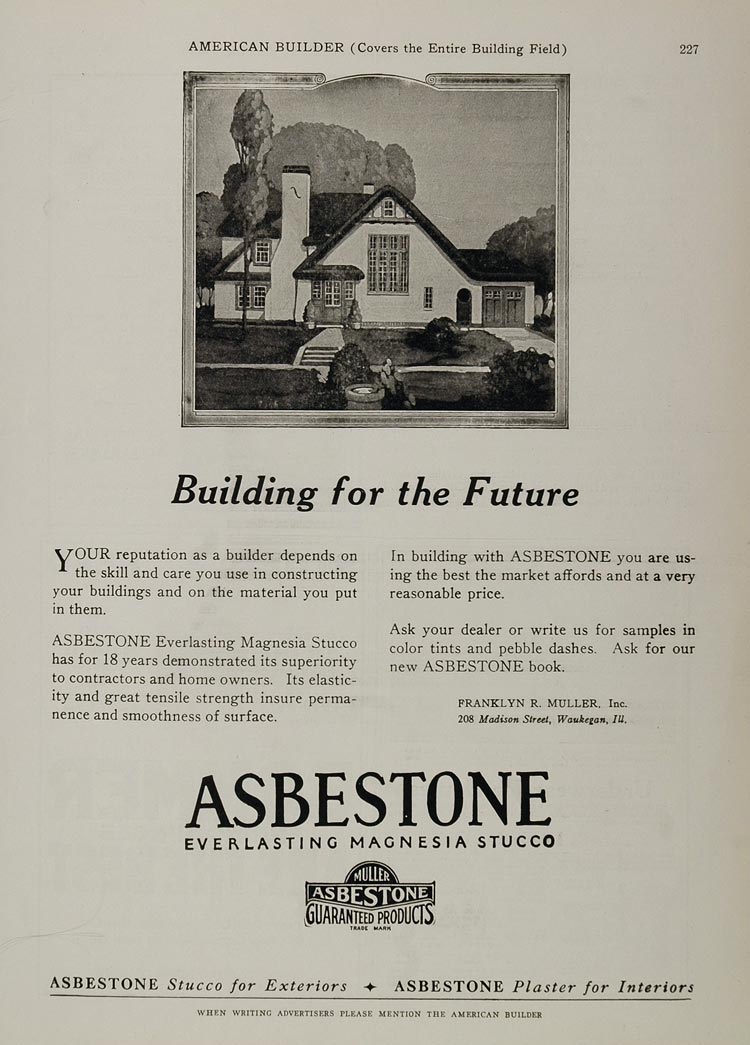 1925 Vintage Ad Asbestone Magnesia House Stucco Muller - ORIGINAL AB1