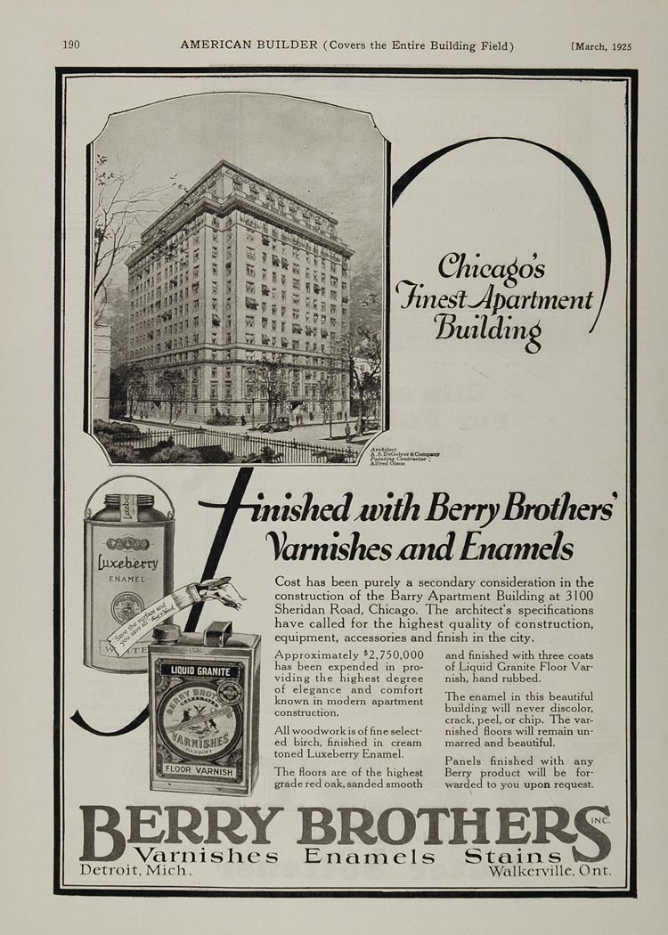 1925 Ad Berry Brothers Varnishes Barry Building Chicago - ORIGINAL AB1