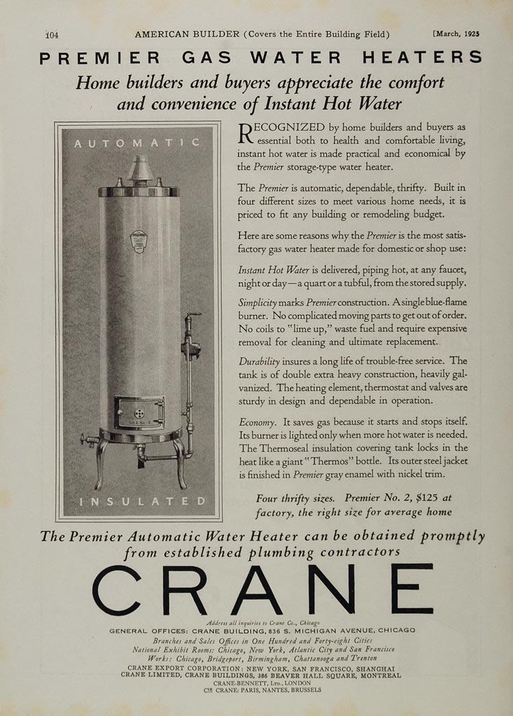1925 Original Vintage Ad Crane Premier Water Heater - ORIGINAL ADVERTISING AB1