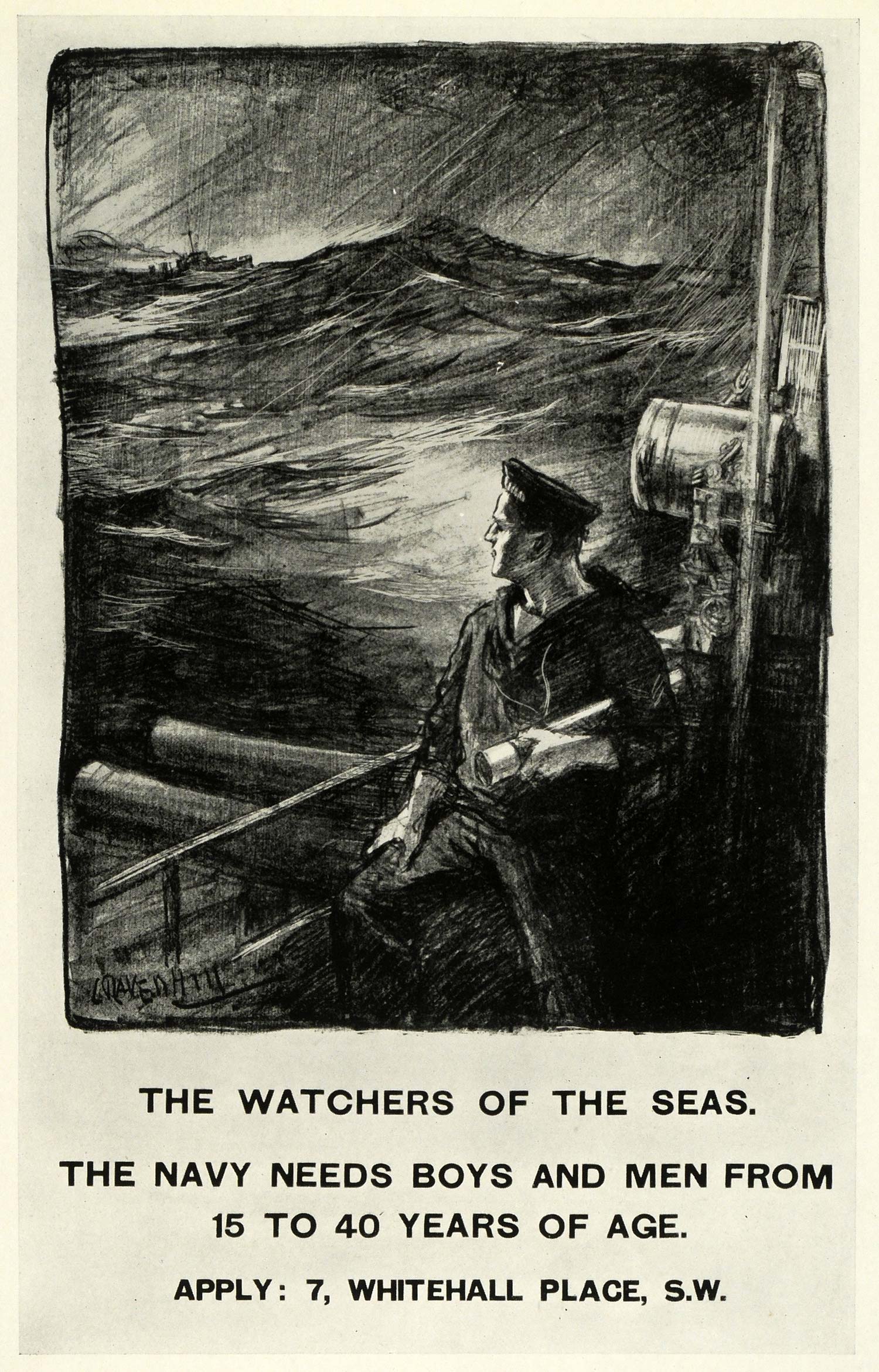 1924 Print Navy Recruit Poster L. Raven Hill British Sailor Sea Storm Gale ABA