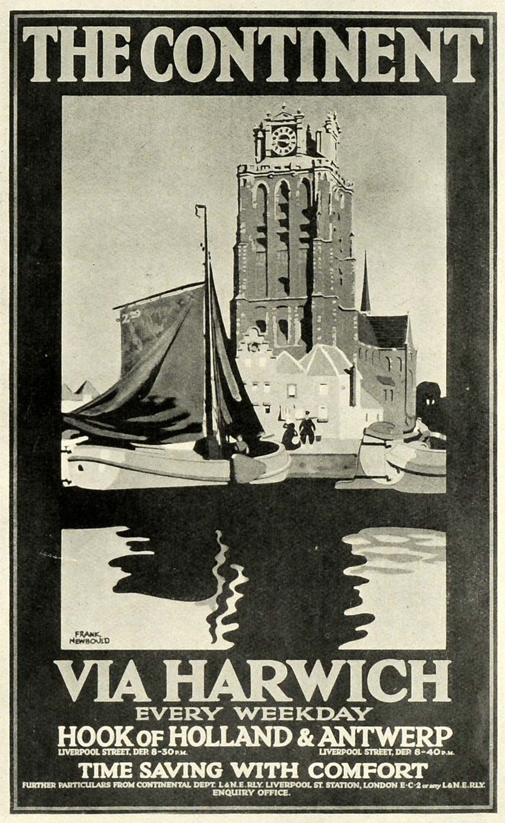 1924 Print Poster F. Newbould Holland Antwerp Sailboat Clock Tower London ABA