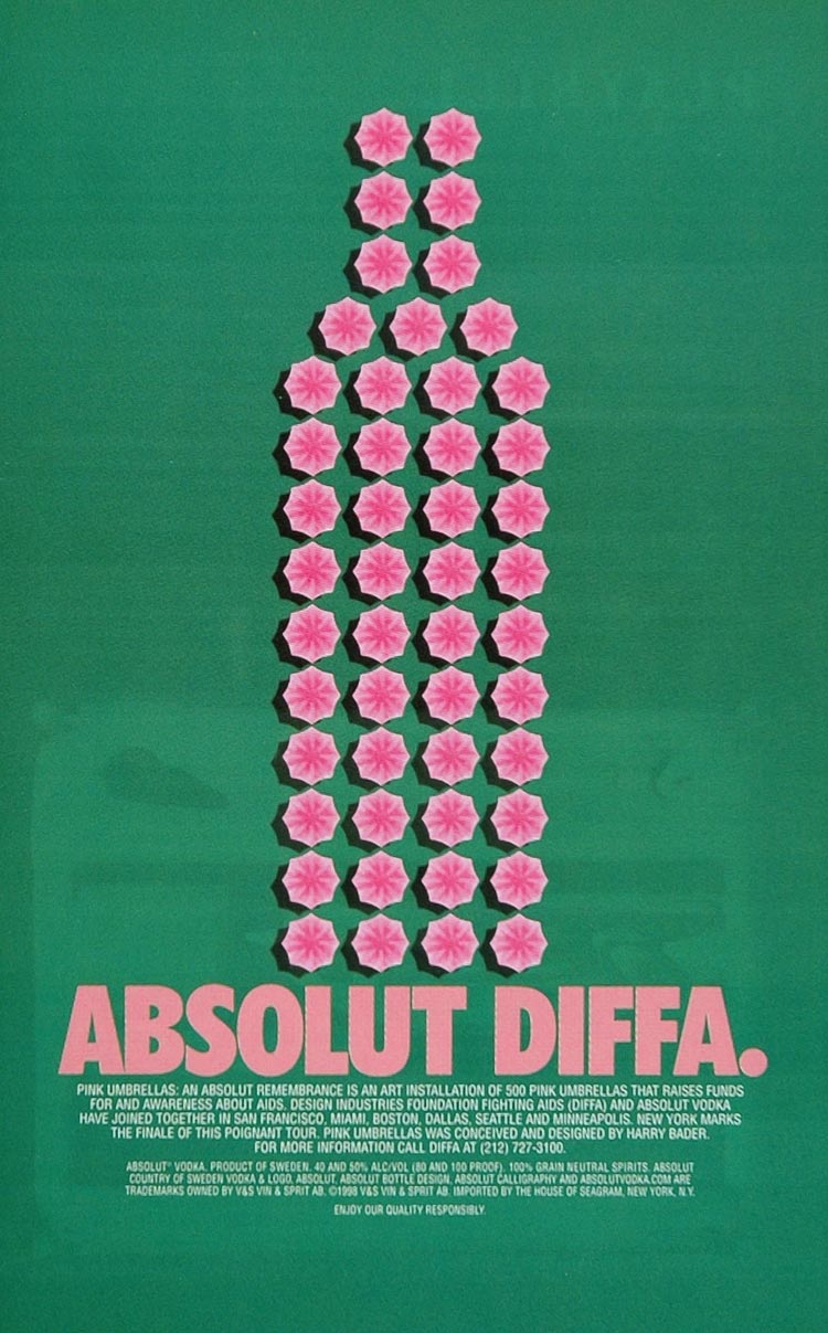1998 Ad Absolut DIFFA Pink Umbrellas AIDS Harry Bader - ORIGINAL ABS1