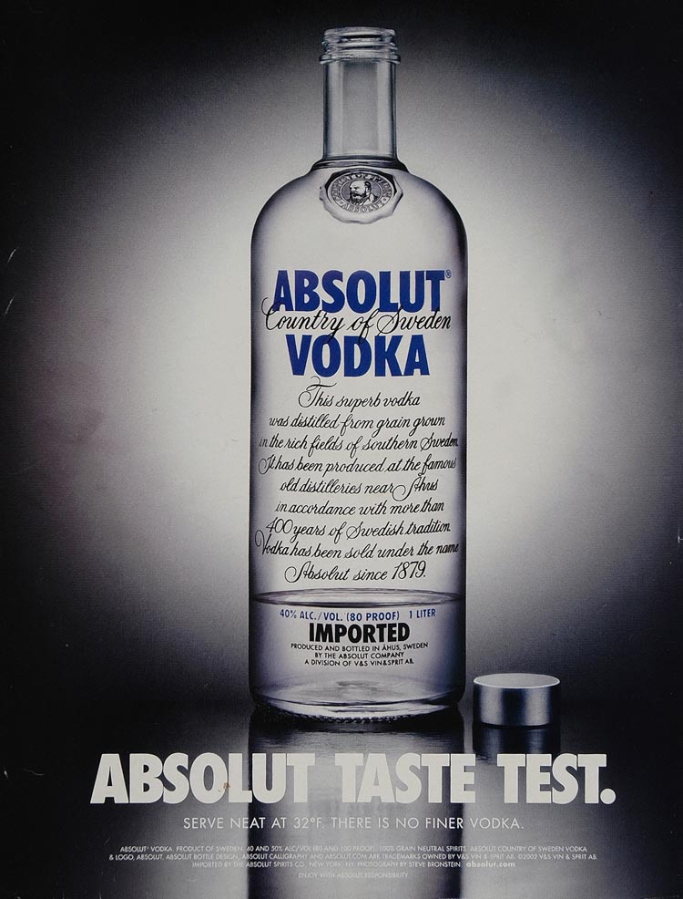 2002 Ad Absolut Taste Test Vodka Bottle Steve Bronstein - ORIGINAL ABS2