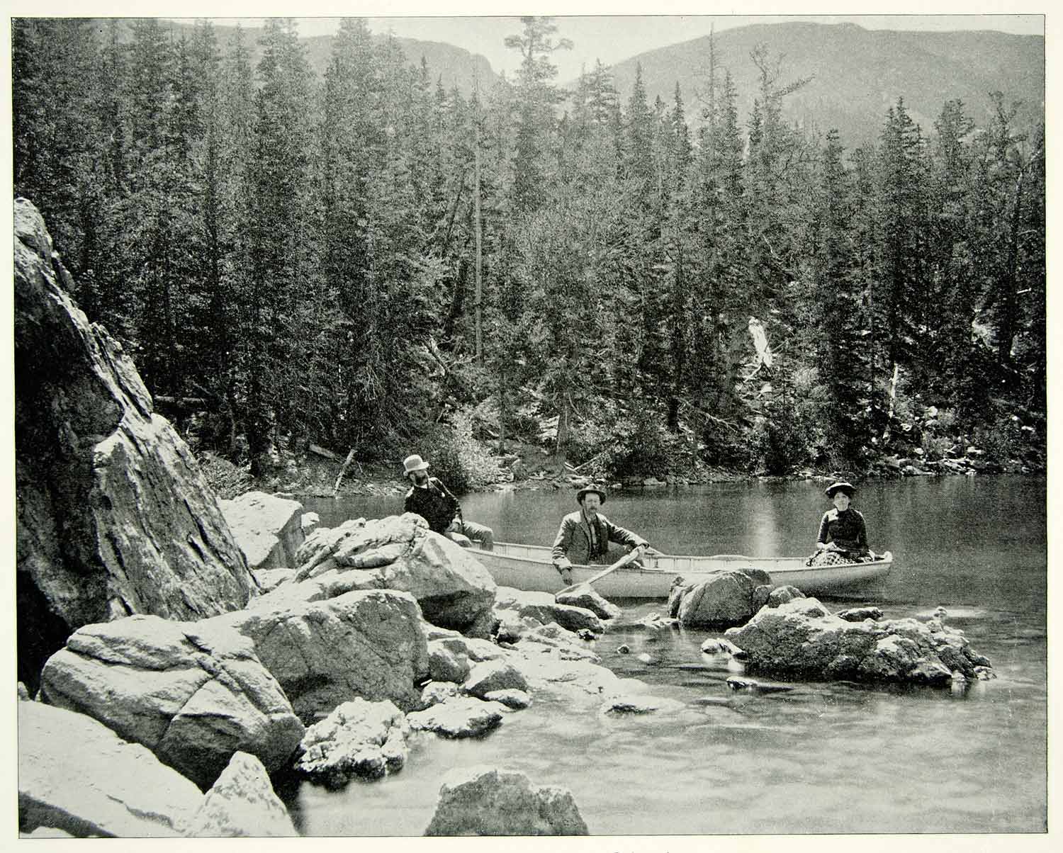 1894 Print Fen Lake Georgetown Colorado Canoe Oar Victorian Forest Shore AC1