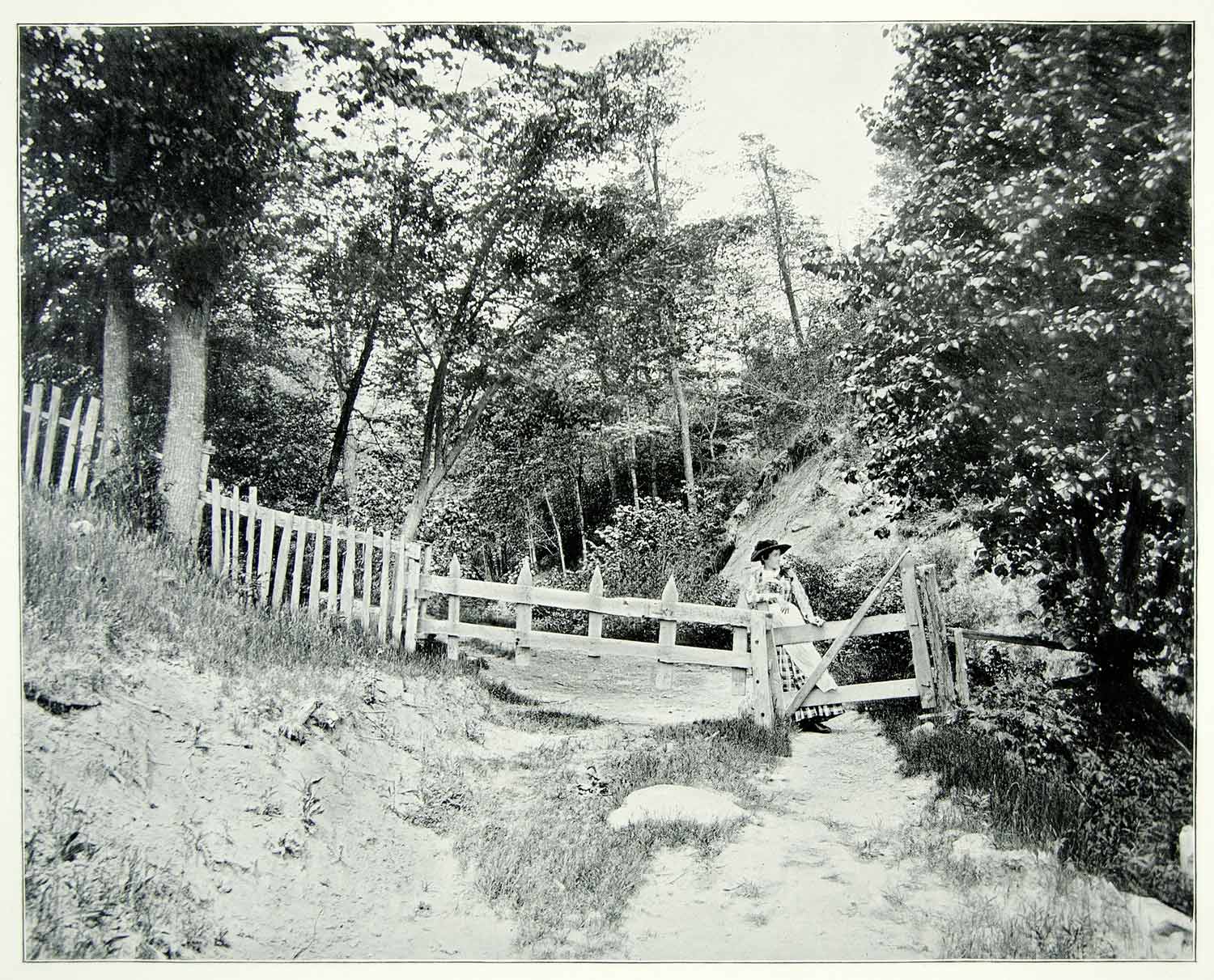 1894 Print Berkshire Hills Massachusetts Victorian Woman Fence Gate Forest AC1