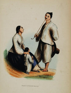 1845 Print Costume Japanese Family Fisherman Child NICE - ORIGINAL ACOST
