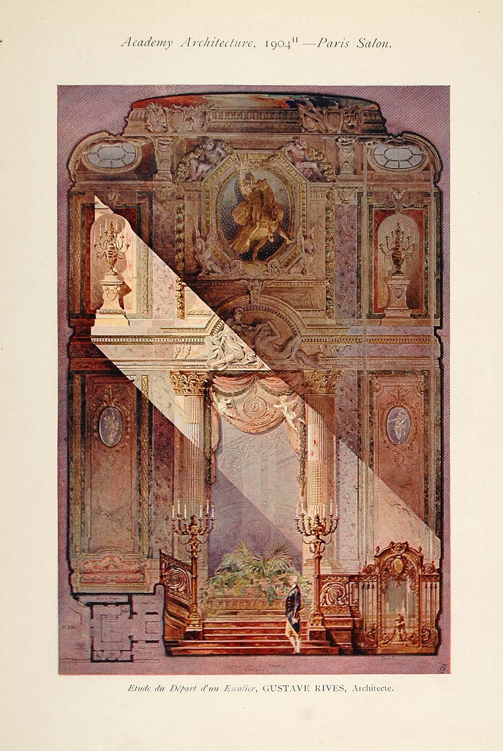 1904 Gustave Rives French Staircase Architecture Print - ORIGINAL AD1