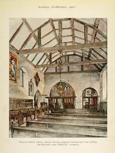 1901 Wonersh Church Surrey England Architecture Print - ORIGINAL AD1