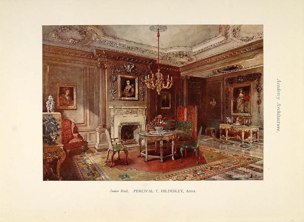 1913 Hall Fireplace Design Percival T. Hildesley Print - ORIGINAL AD1
