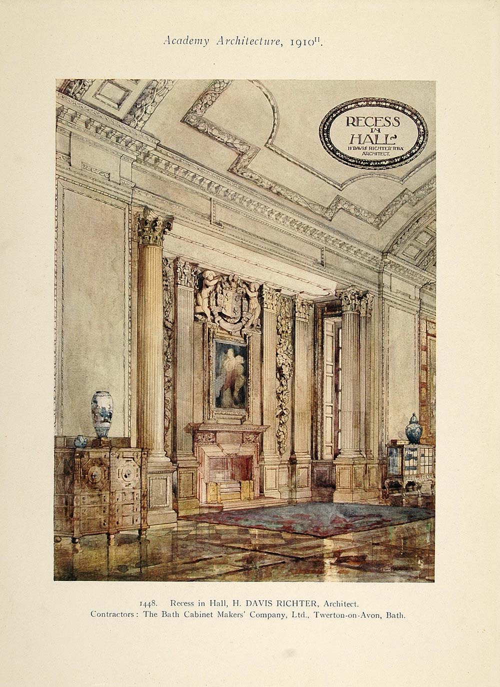 1910 Hall Fireplace H. Davis Richter Architect Print - ORIGINAL AD1