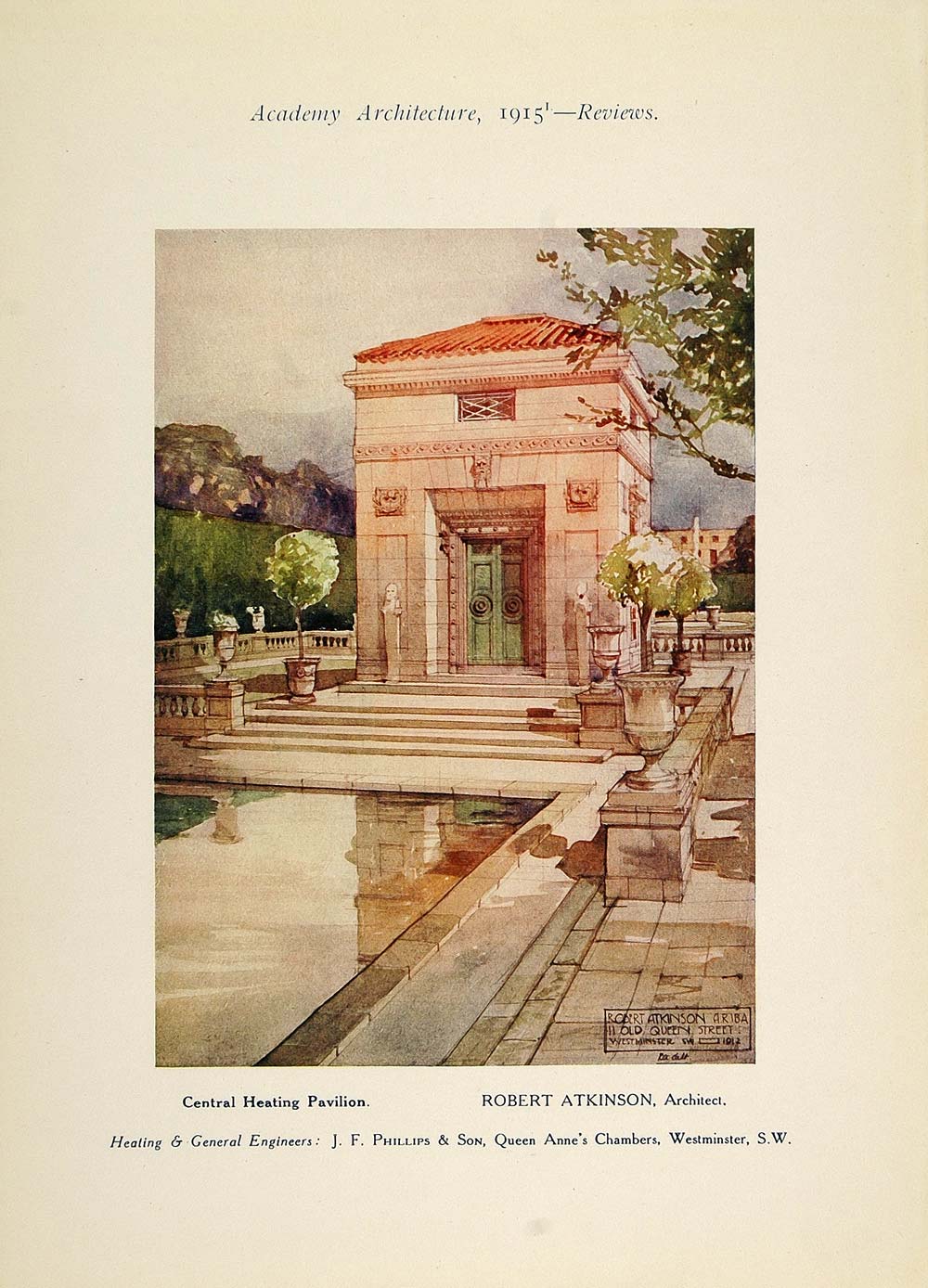1915 Central Heating Pavilion Robert Atkinson Print - ORIGINAL AD1