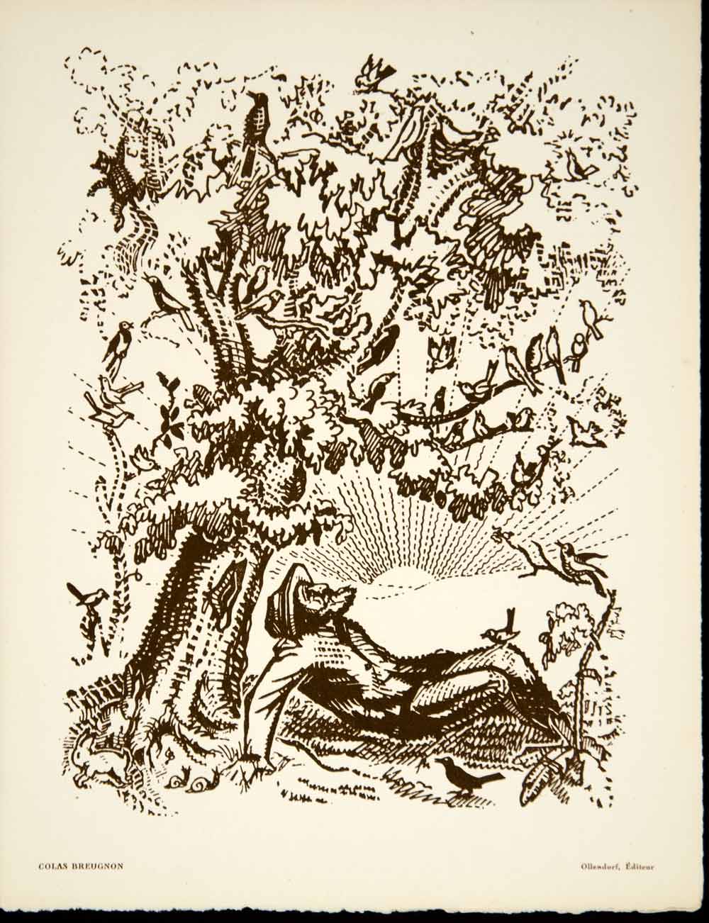 1930 Lithograph Gabriel Belot Colas Brueugnon Romain Rolland Tree Birds ADLB5