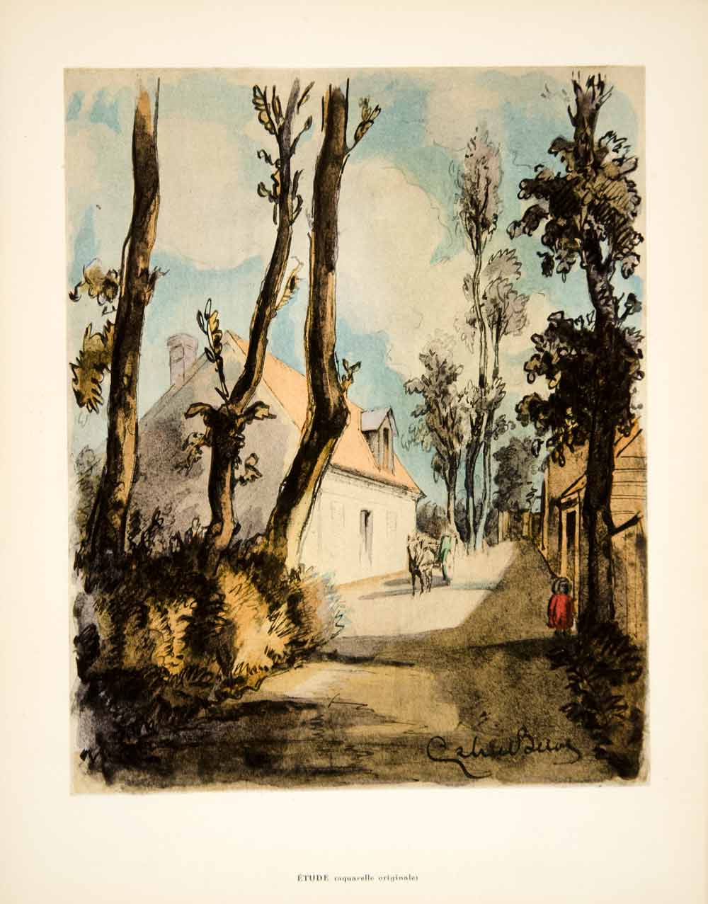 1930 Lithograph Gabriel Belot House Cart Village Watercolor Illustration ADLB5