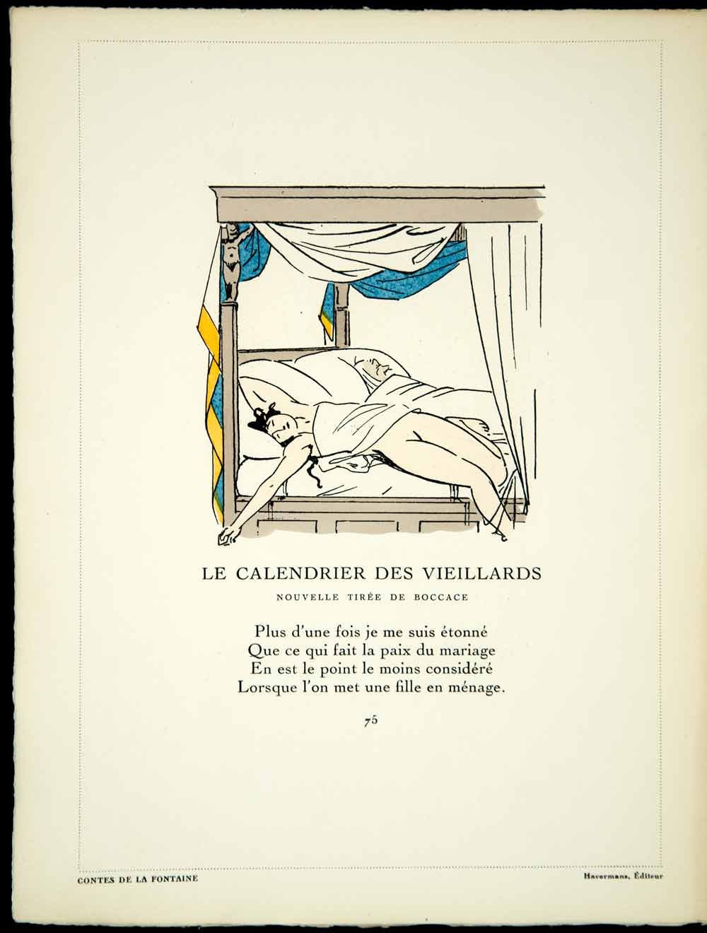 1928 Lithograph Carlegle Nude Art Bed Illustration Contes de La Fontaine ADLC2