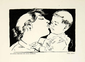 1931 Lithograph Louis Legrand Mother Baby Kiss Illustration Art Livre d'Heures