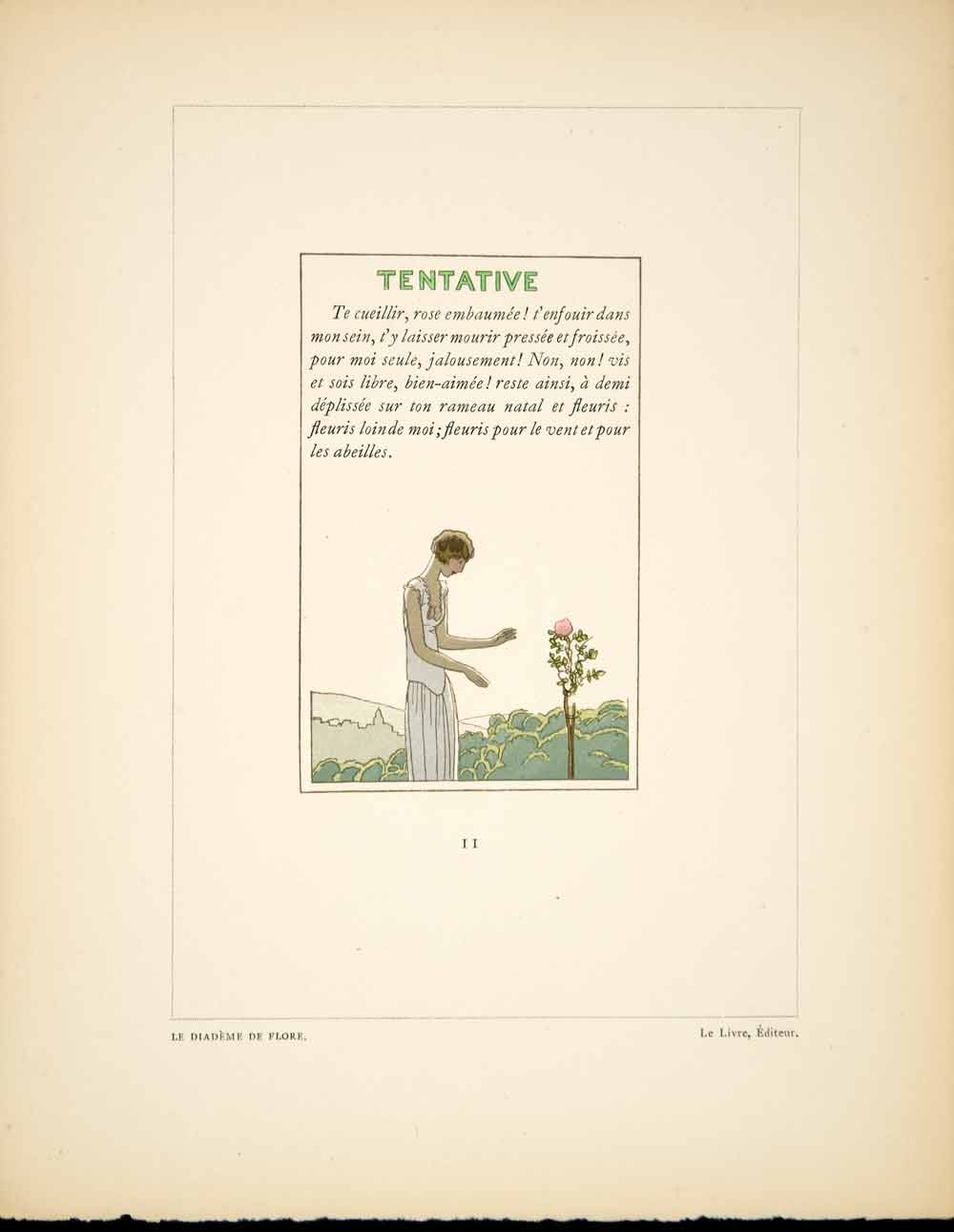 1930 Pochoir Print A. E. Marty Art Deco Rose Book Illustration Diademe de ADLM1