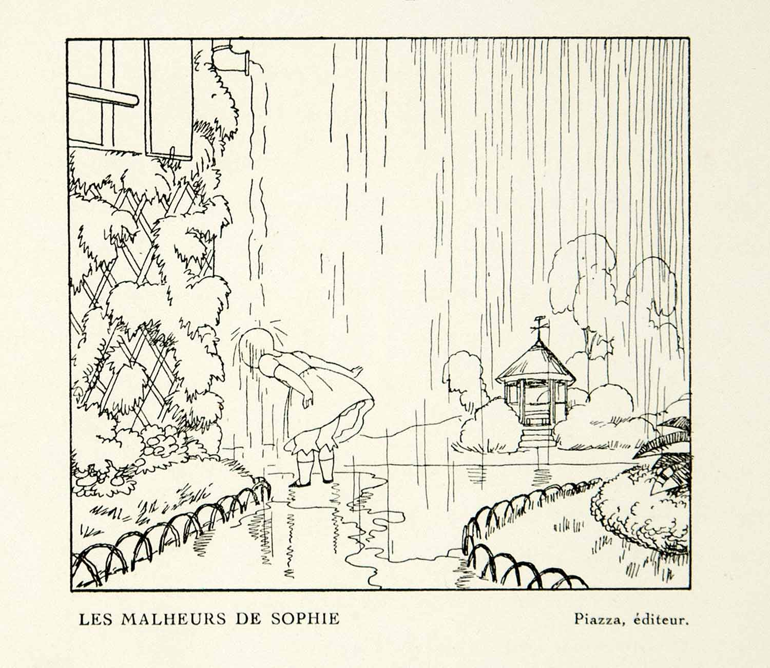 1932 Lithograph Jacques Touchet Malheurs de Sophie Rain Book Illustration ADLT1
