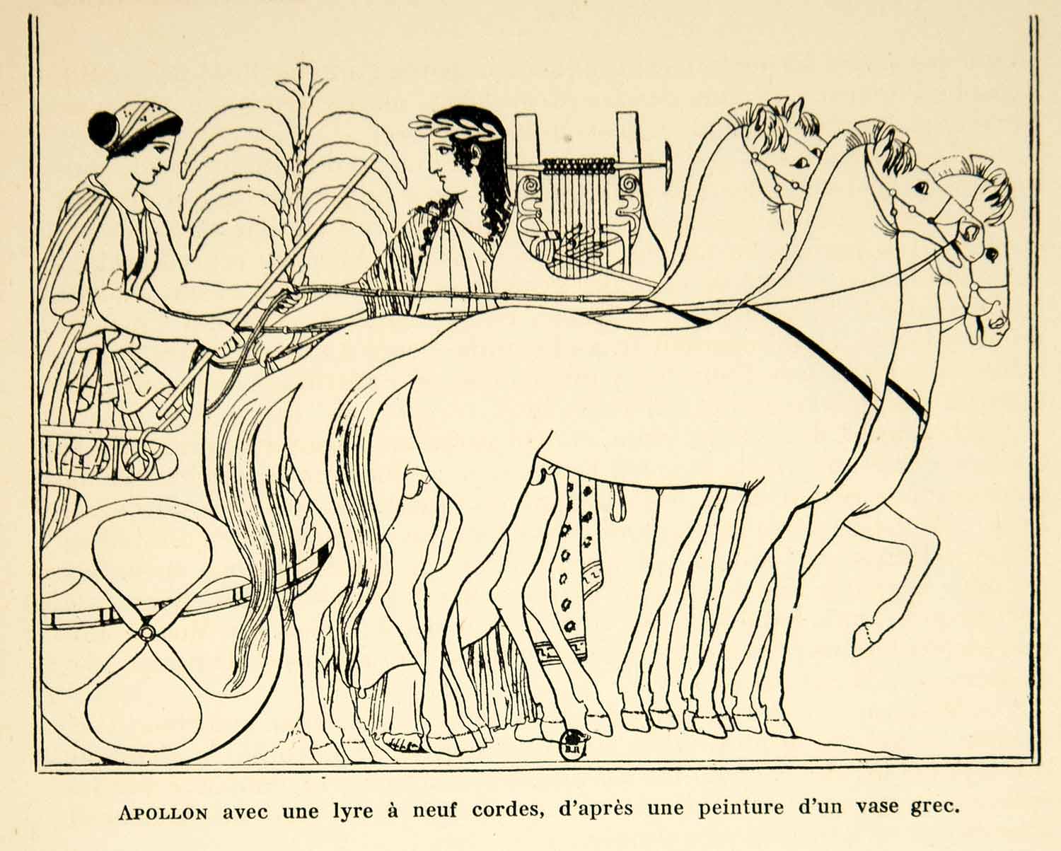 1932 Lithograph Apollo Greek God Lyre Instrument Ancient Greek Vase Chariot AEC3