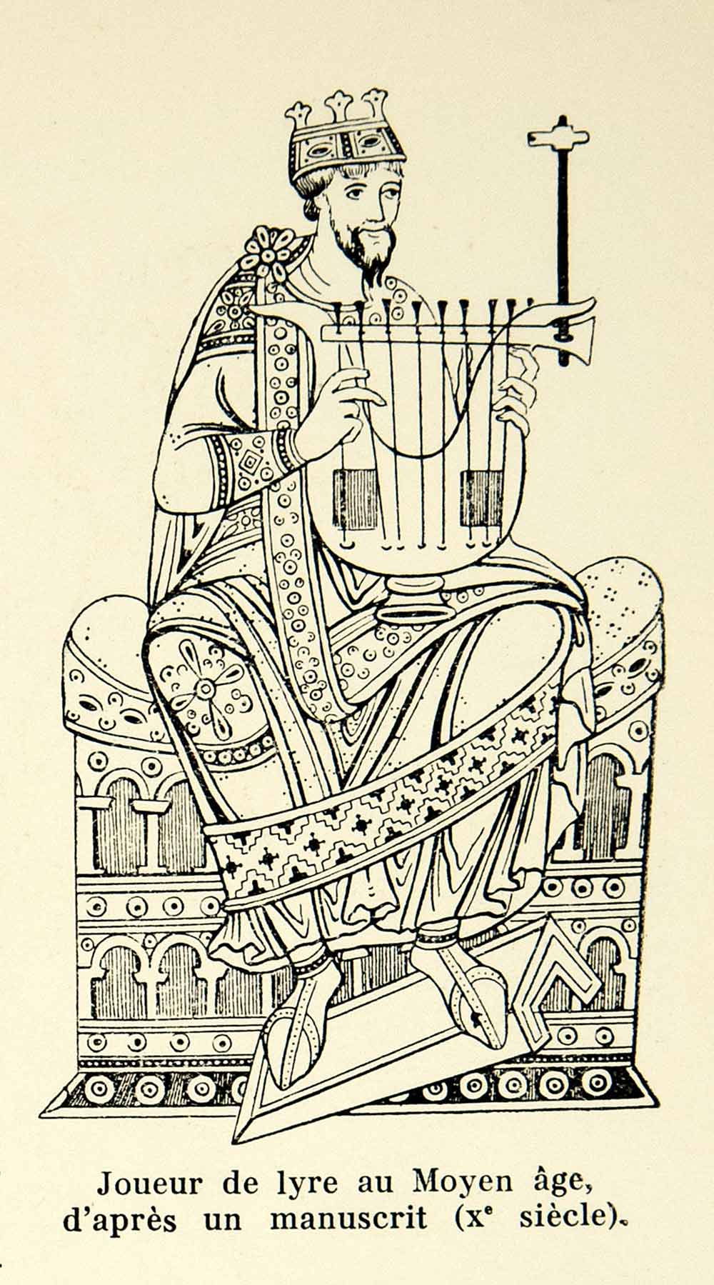 1932 Lithograph Lyre Medieval Instrument Musician Middle Ages Manuscript AEC3