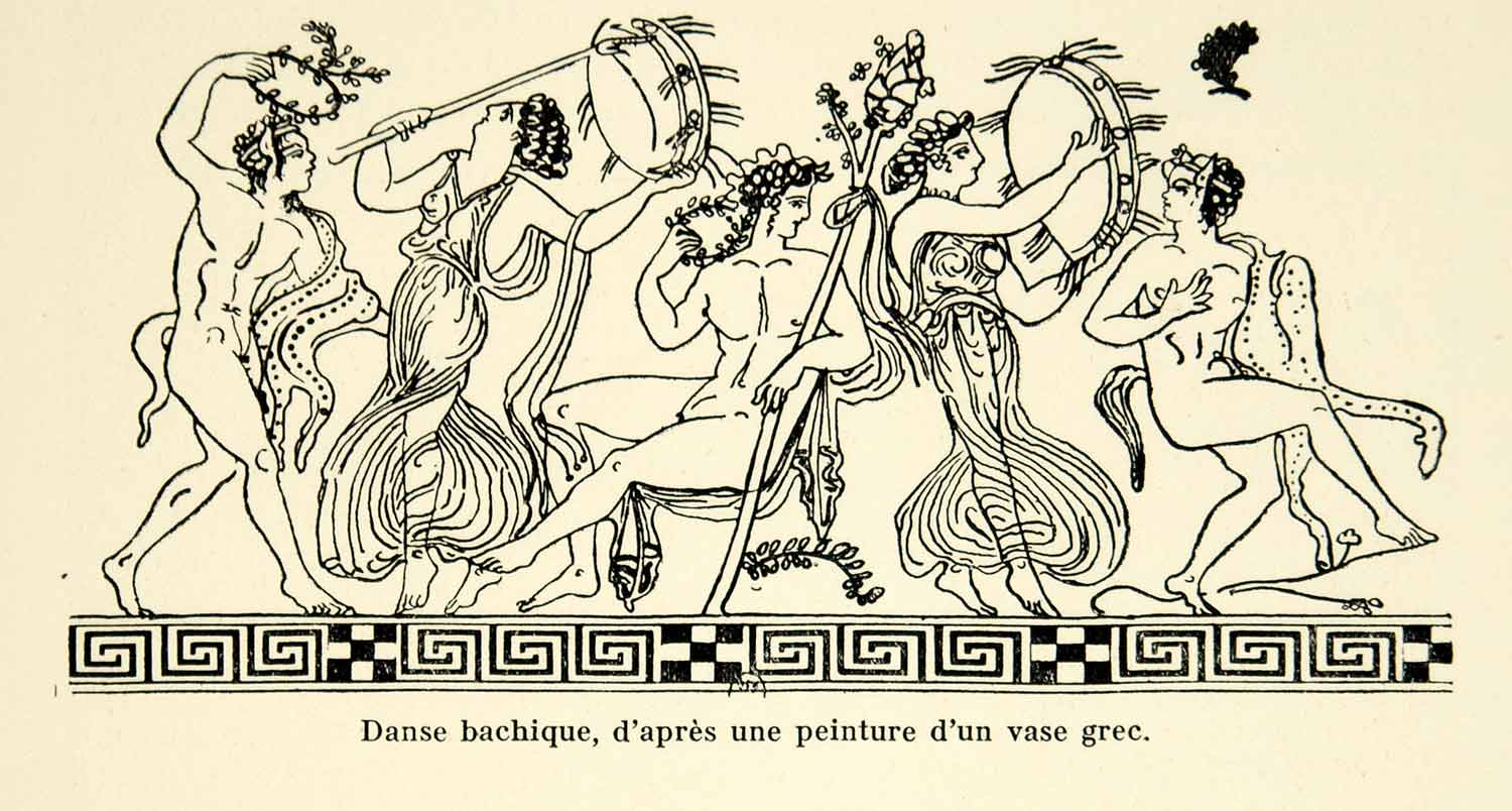 1932 Lithograph Dance Bacchanalia Ancient Greek Vase Instrument Music Satyr AEC3