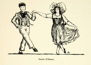 1932 Lithograph Alsace Dance Folk Traditional Dancers Costume Dress France AEC3