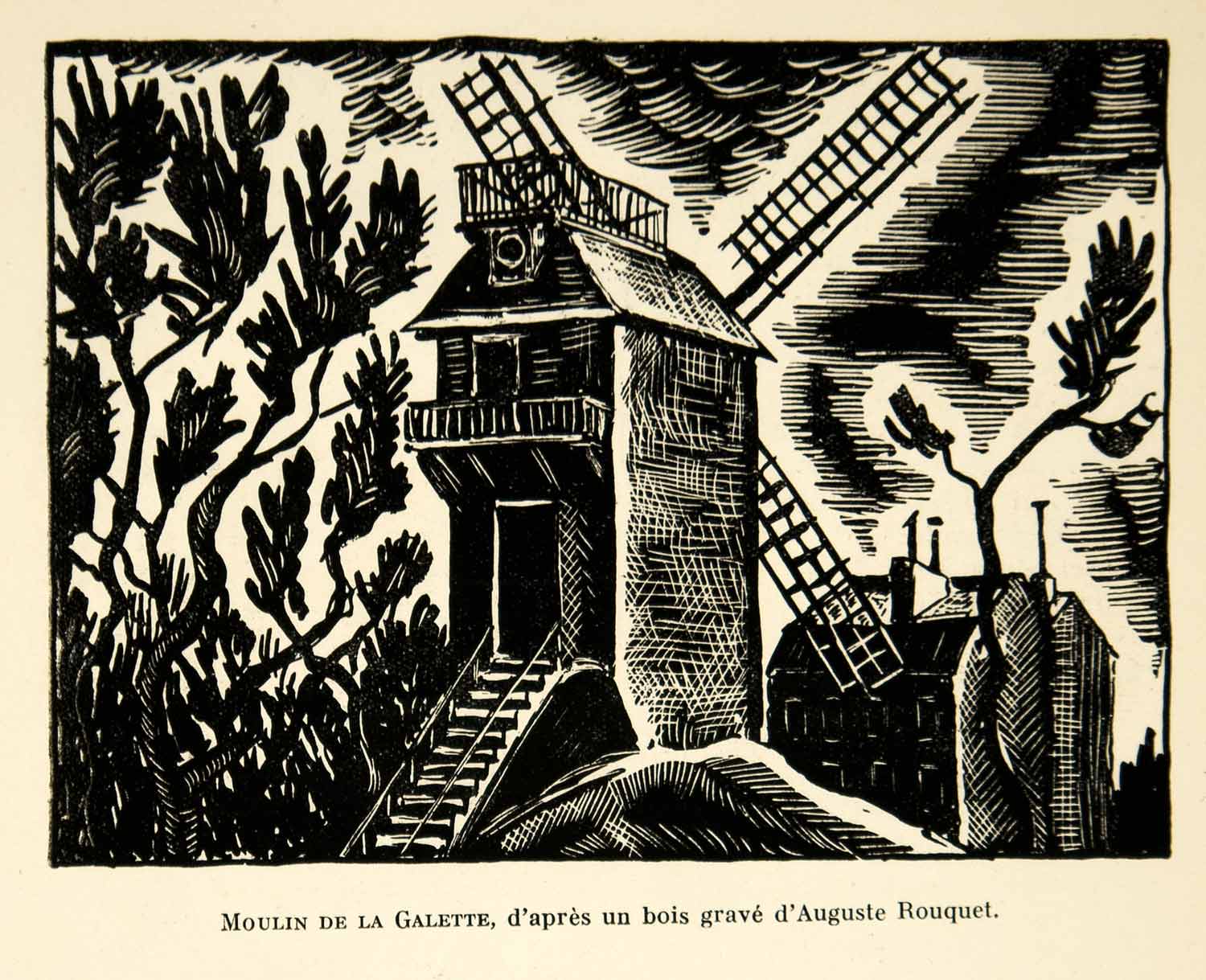 1932 Lithograph Moulin de la Galette Auguste Rouquet Montmartre Windmill AEC3