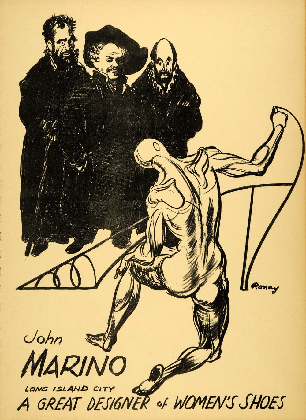 1952 Original Lithograph John Marino Stephen Ronay Stage Nude Shoe Design AEF3