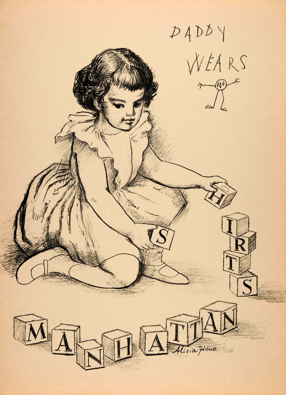 1952 Original Lithograph Manhattan Shirts Child Blocks Alicia Fiene Playing AEF3