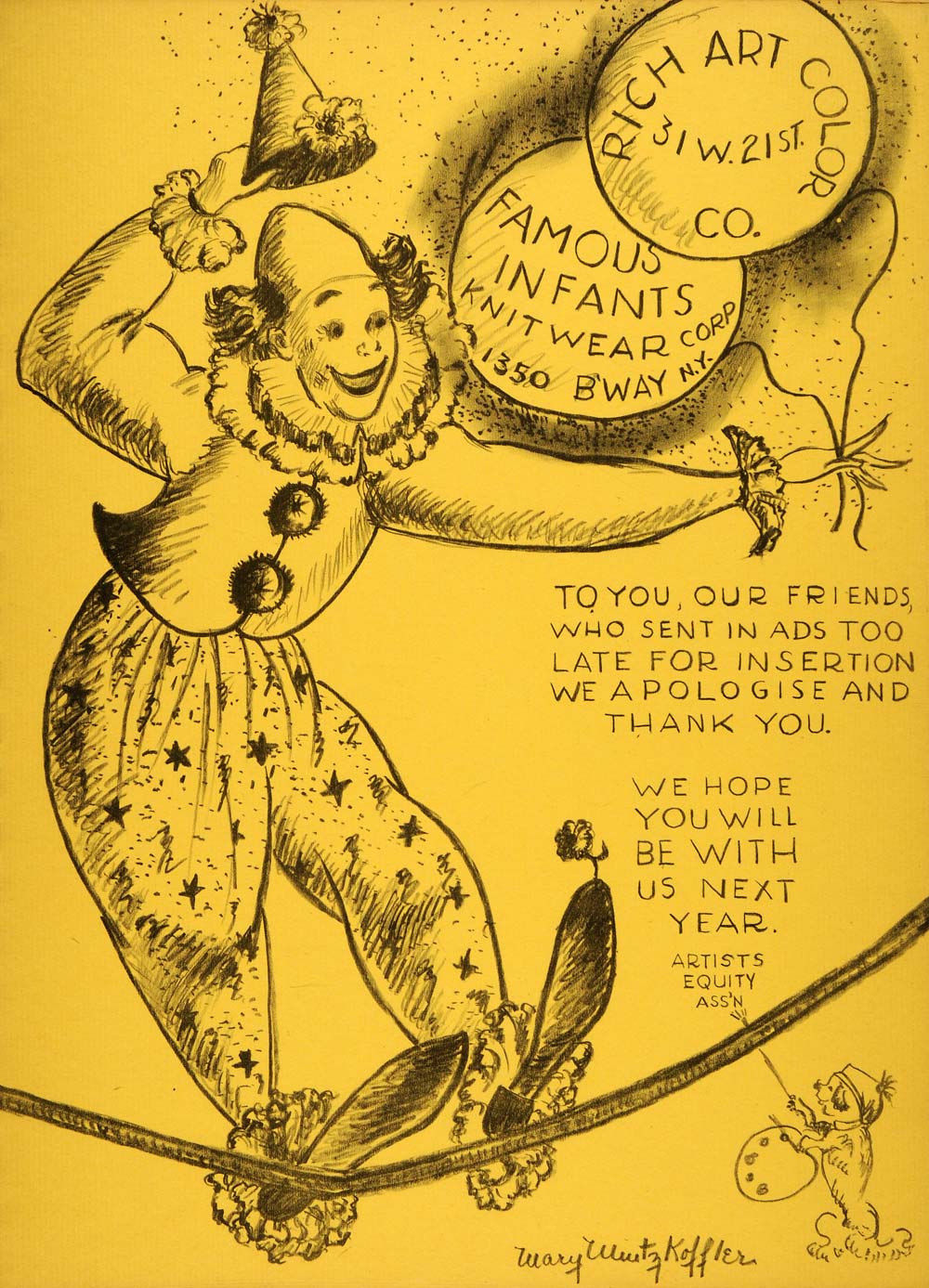 1952 Original Lithograph Mary Mintz Koffler Famous Infants Knitwear Art AEF3