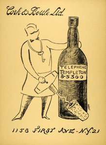 1954 Original Lithograph Ruth Reeves Art Cork Screw Bottle Bartender New AEF4