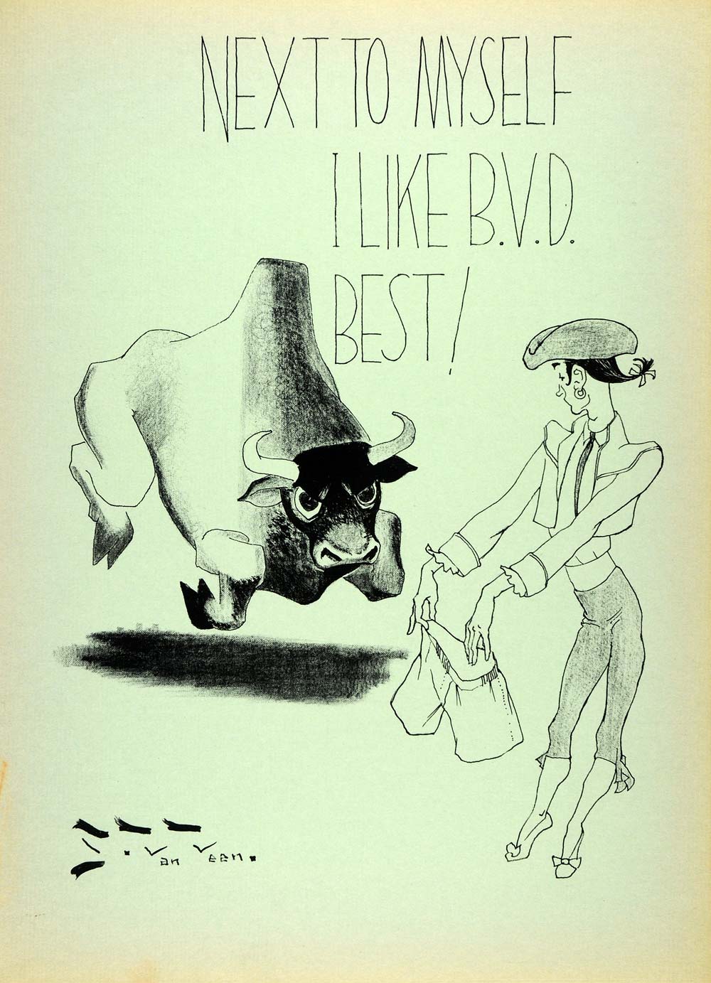 1954 Original Lithograph Stuyvesant Van Veen Art BVD Underwear Bull Fighter AEF4
