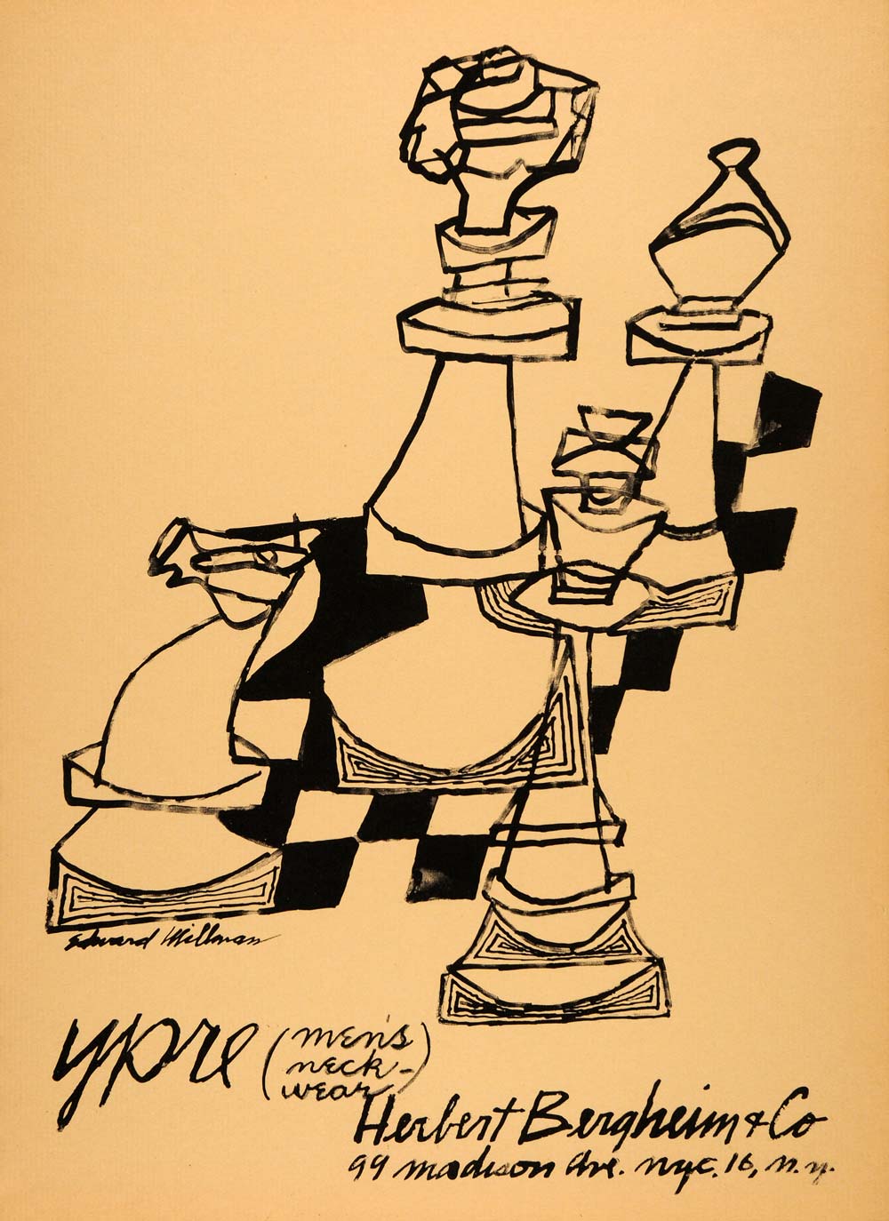 1954 Original Lithograph Edward Millman Art Chess Herbert Bergheim New York AEF4