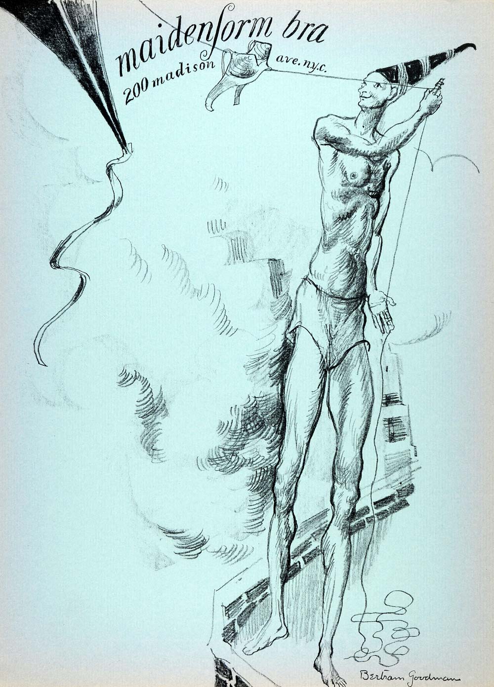 1954 Original Lithograph Bertram Goodman Charcoal Art Maidenform Bras AEF4