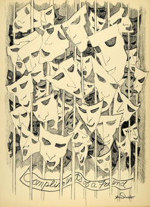 1954 Original Lithograph Jo Anne Schneider Art Theater Masks Comedy Tragedy AEF4