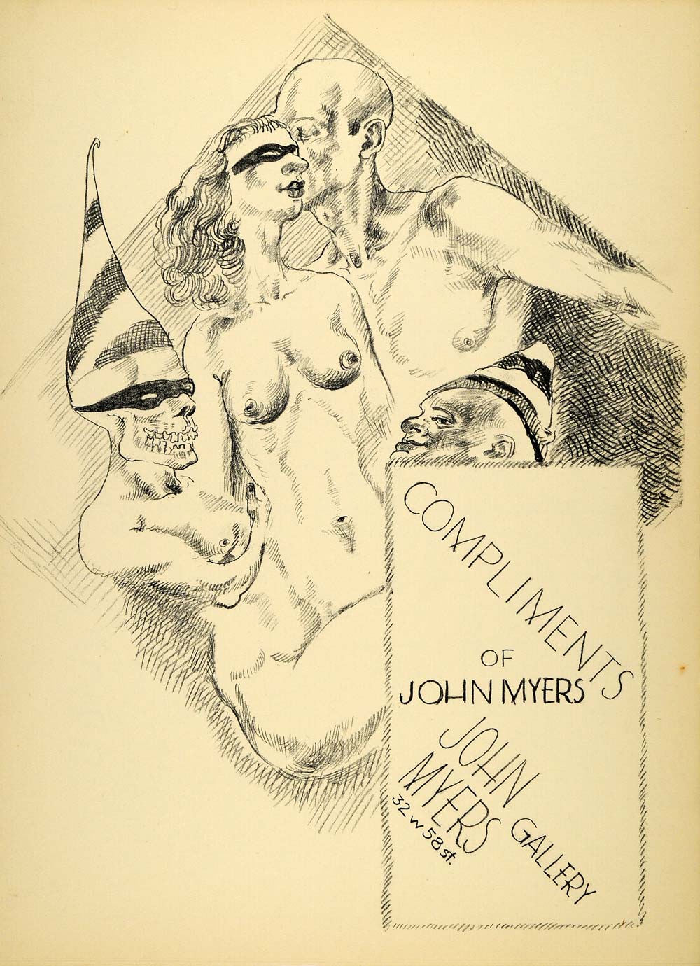 1954 Original Lithograph John Myers Art Gallery Nude Masquerade Woman AEF4