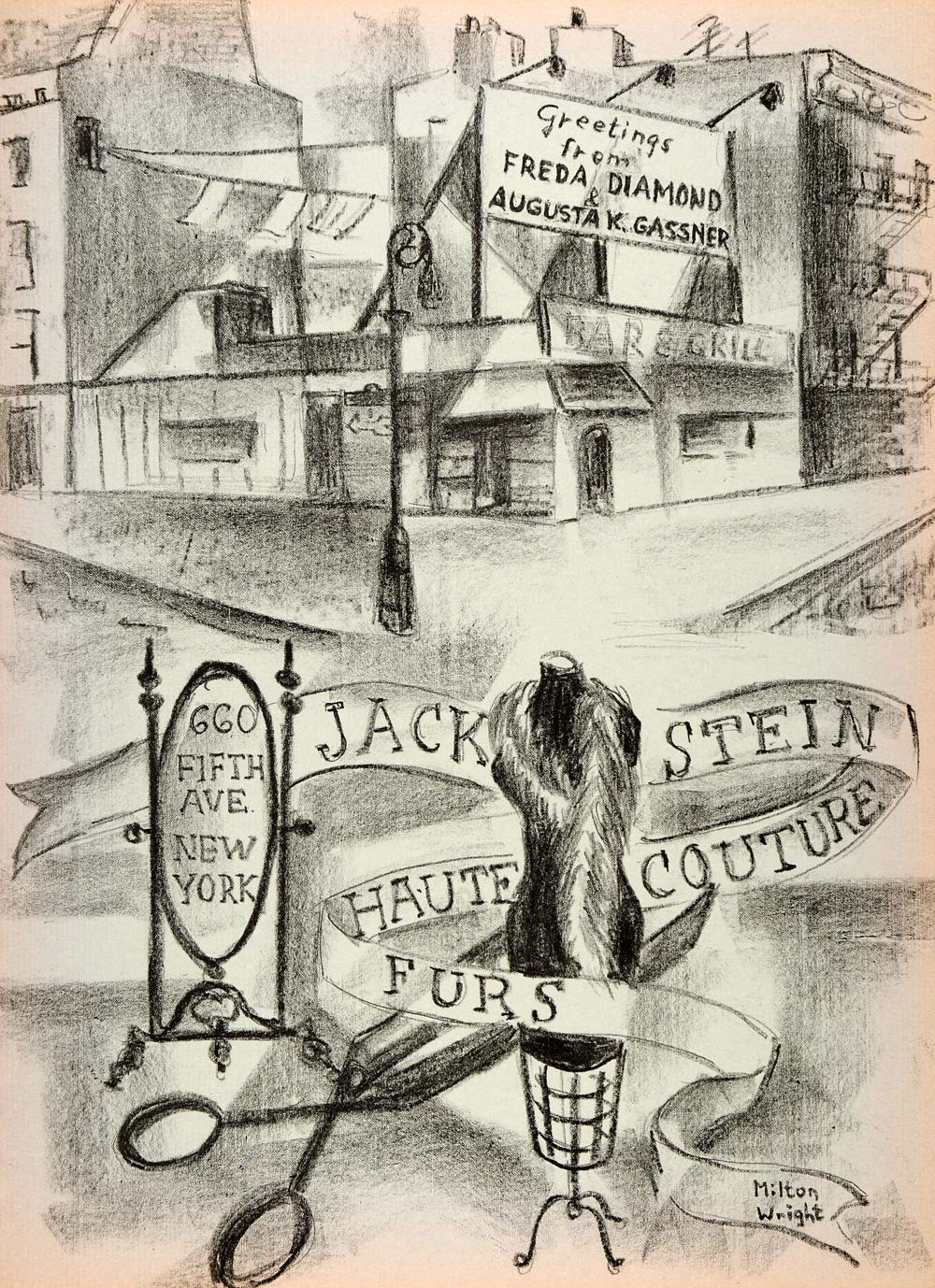 1954 Original Lithograph Milton Wright Art Jack Stein Couture Fur Fashion AEF4