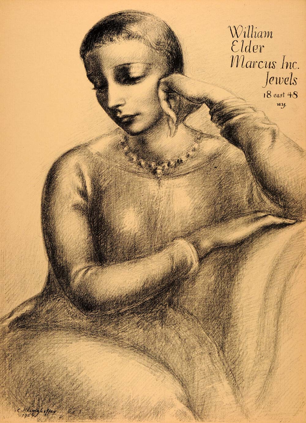 1954 Original Lithograph Clara Klinghoffer William Elder Marcus Jewels AEF4