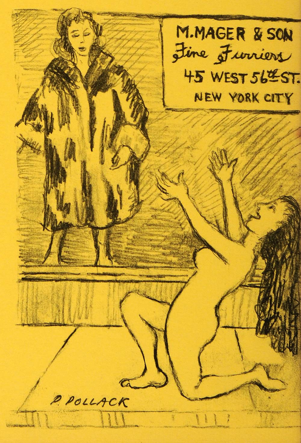 1954 Original Lithograph Philip Pollack Art M. Mager Fur Coat Fashion Nude AEF4