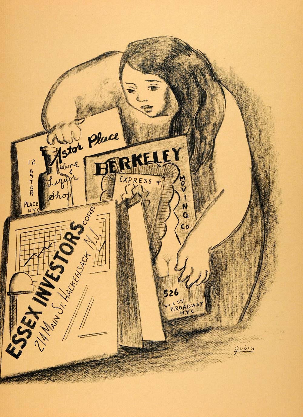 1956 Lithograph Selma Gubin Essex Investors Berkeley Astor Place Art AEF5