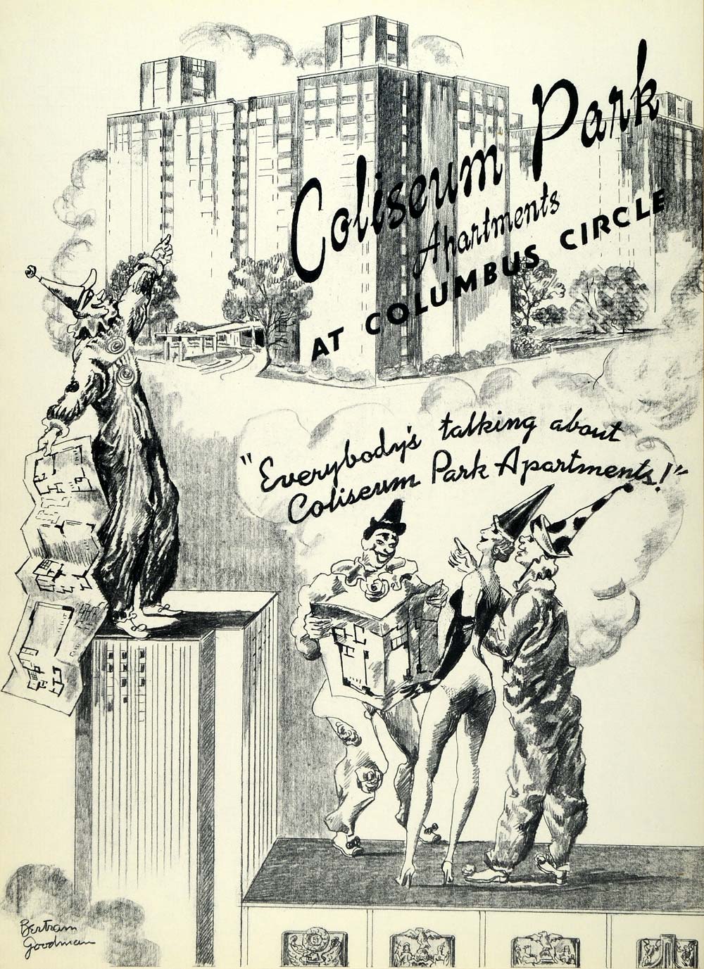 1957 Lithograph Coliseum Park Apartments Columbus Circle NY Bertram Goodman AEF6