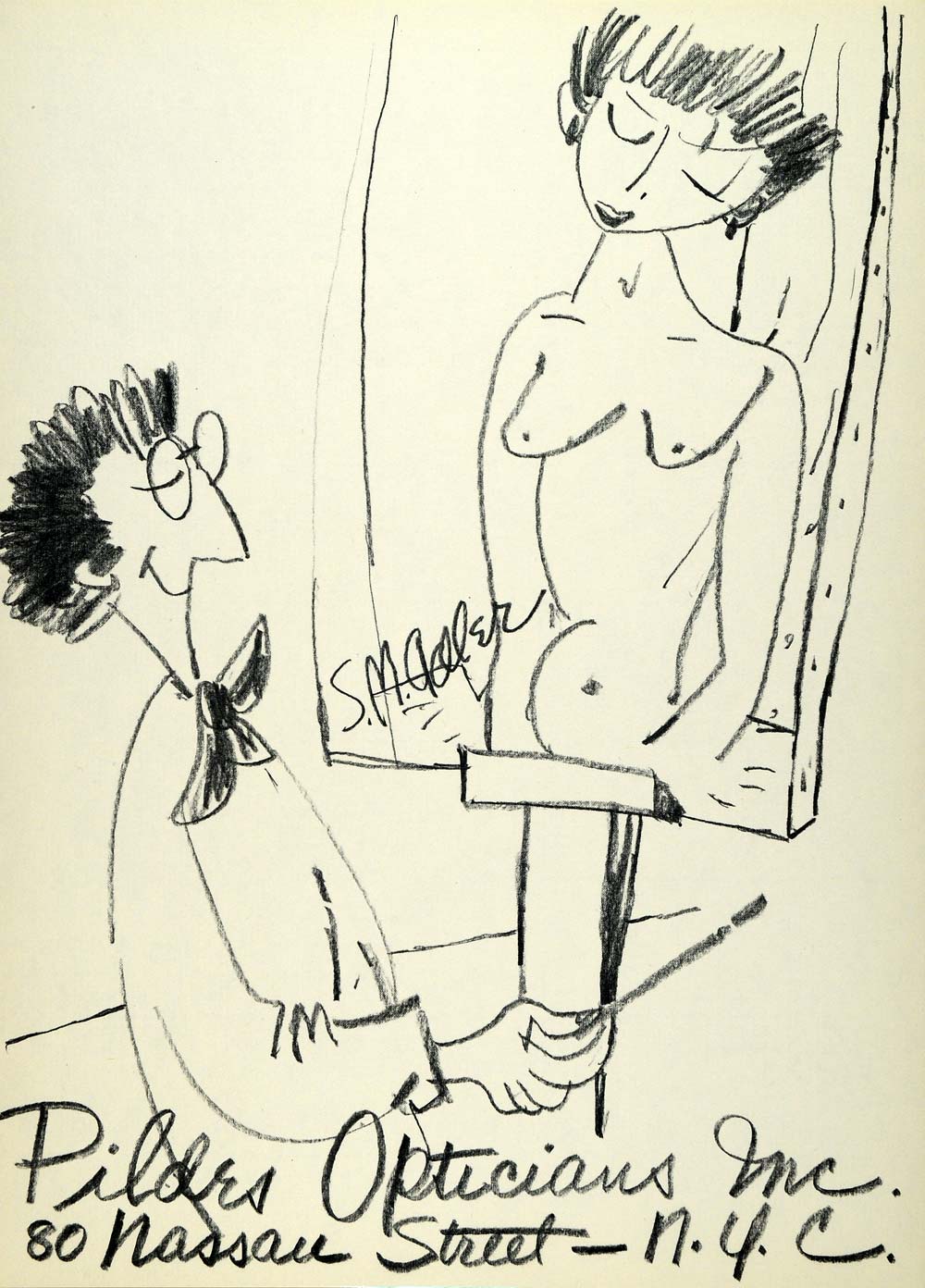 1957 Lithograph Samuel M. Adler Art Pildes Opticians Easel Painter Nude AEF6