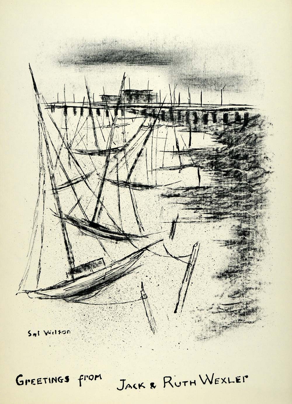 1957 Lithograph Sol Wilson Art Jack Ruth Wexler Ships Dock Pier Marine AEF6