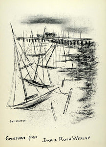 1957 Lithograph Sol Wilson Art Jack Ruth Wexler Ships Dock Pier Marine AEF6