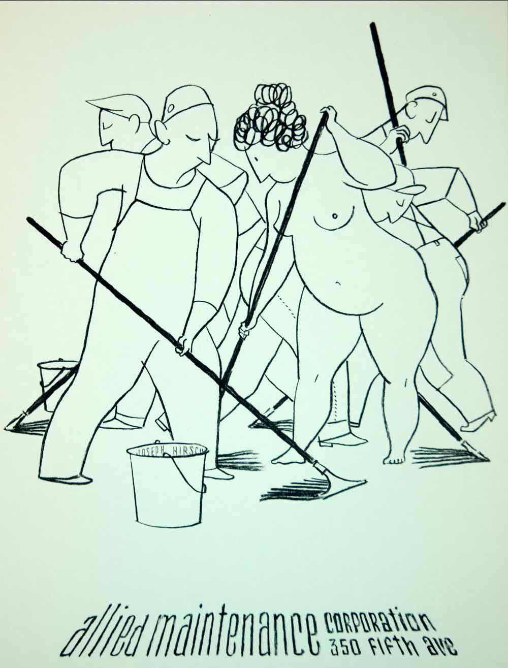 1958 Lithograph Joseph Hirsch Art Nude Woman Janitor Allied Maintenance Mopping
