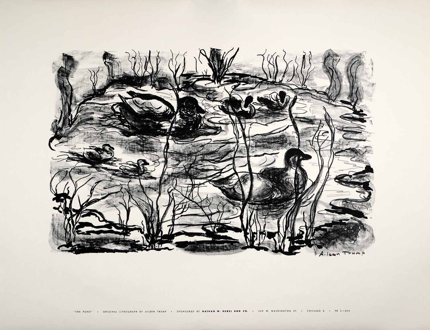 1954 Lithograph Aileen Trump Modern Art Pond Ducks Wildlife Nathan W. Rubel AEF8