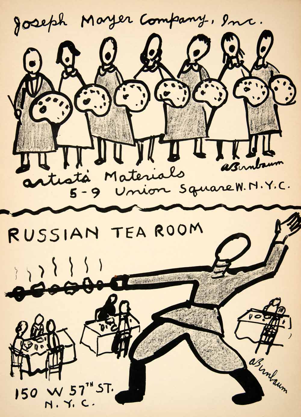1953 Lithograph Abe Birnbaum Artist Russian Tea Room Joseph Mayer AEFA1