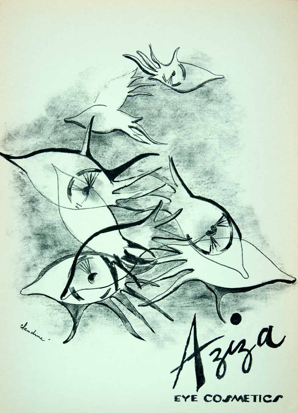 1953 Lithograph Claudine M Sussman Anamorphic Art Aziza Eye Cosmetics AEFA1