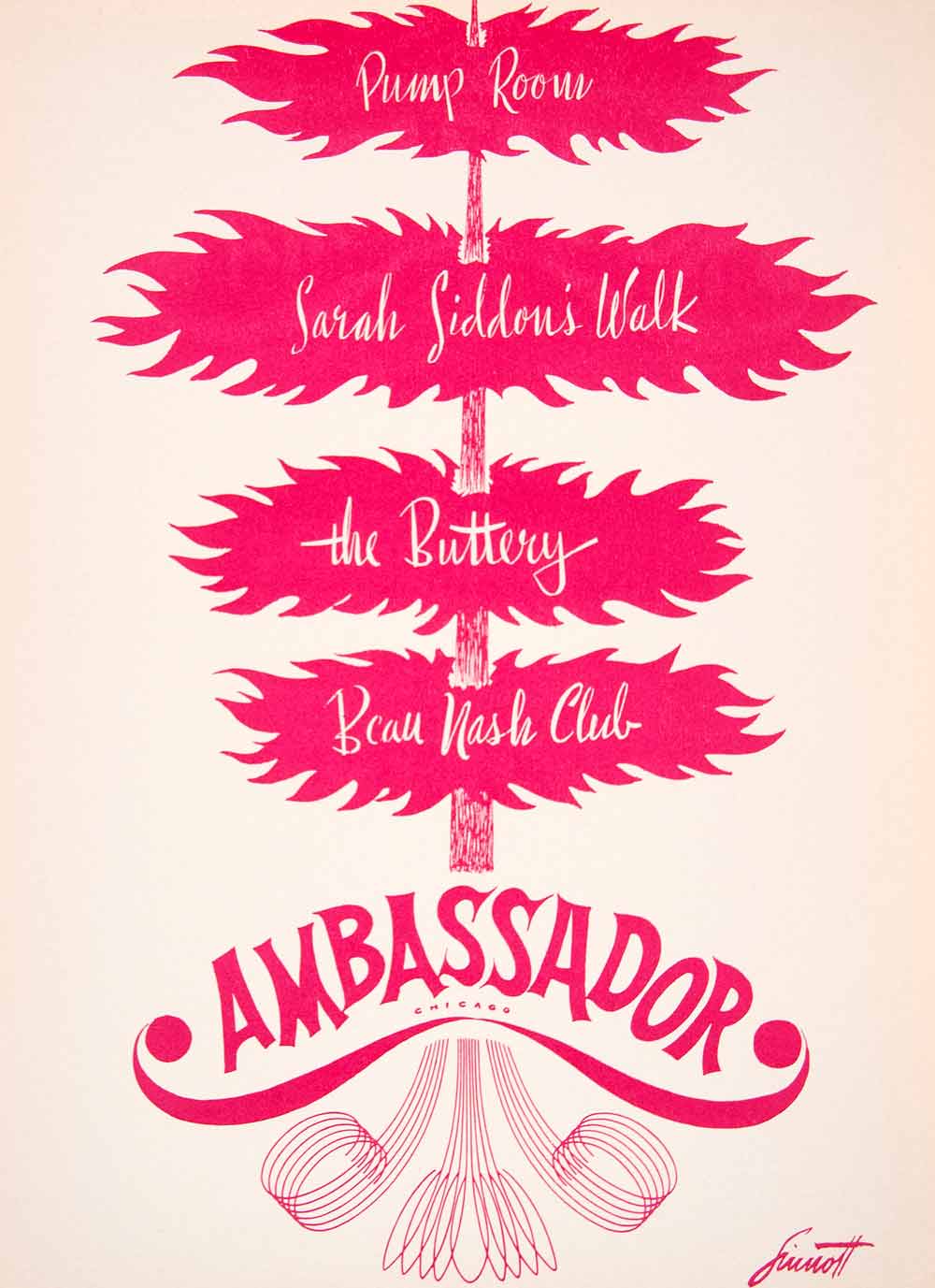 1953 Lithograph Ambassador Hotel Chicago Beau Nash Club Sarah Siddon Pump AEFA1